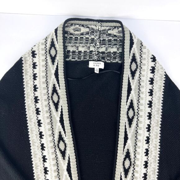 Crown & Ivy Black Cream Cape Poncho Knit Long Open Cardigan Sweater One Size - Picture 4 of 8